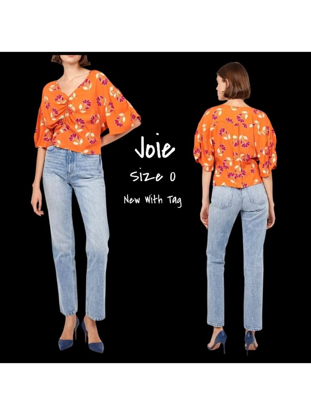 Joie Harlee Short Sleeve Floral Top Blouse Orange Size 0 New with Tag